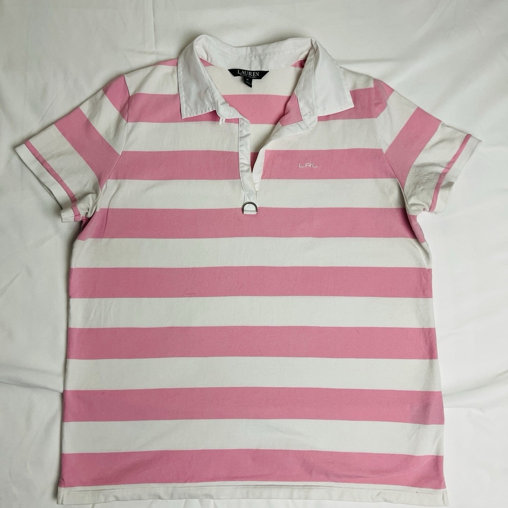 Lauren Ralph Lauren Womens 1X Pink White Striped Polo Shirt D Ring LRL